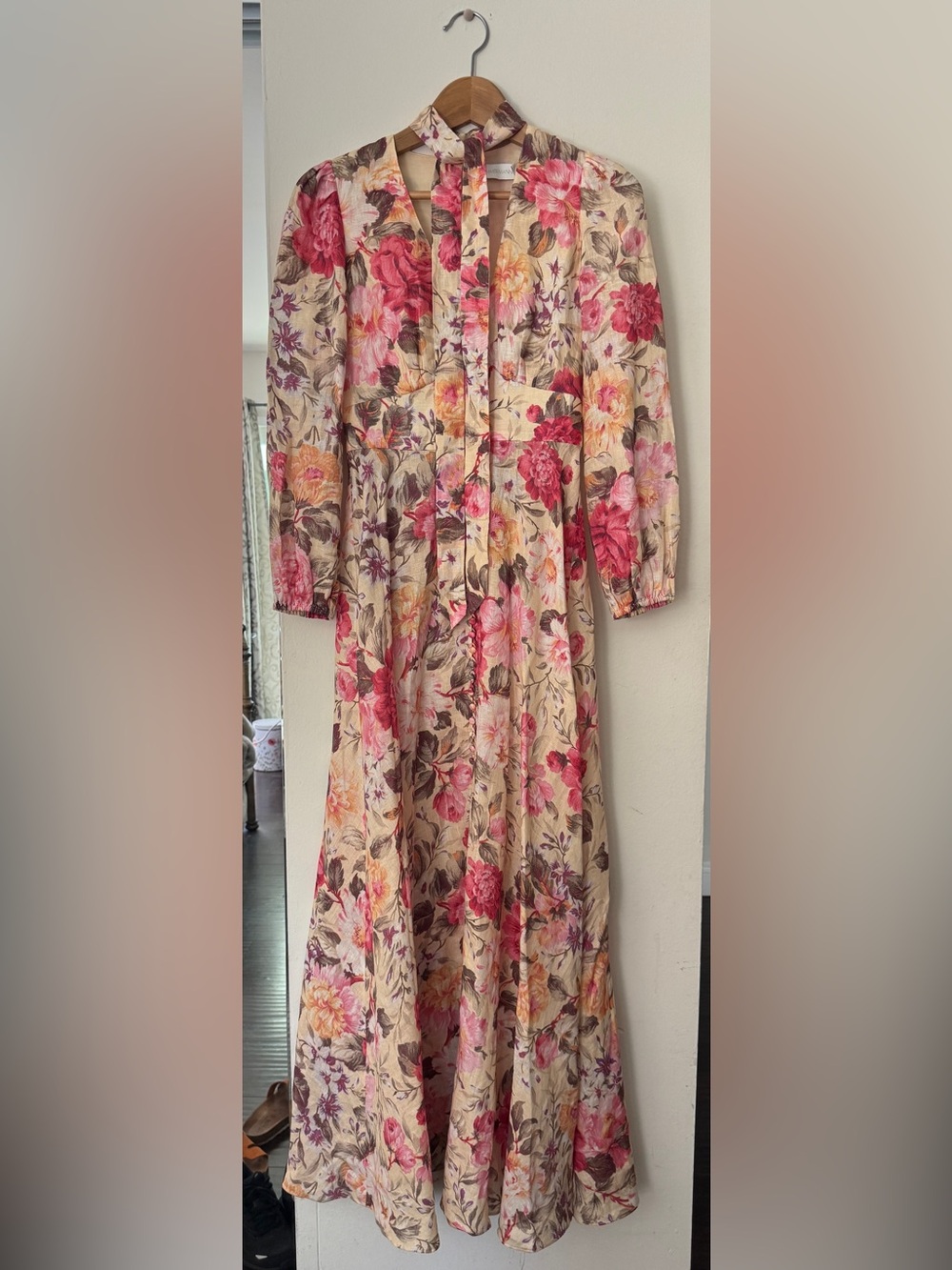 Zimmermann Cream Floral Long-Sleeve Maxi Dress with Removable Tie Neck Size 0
